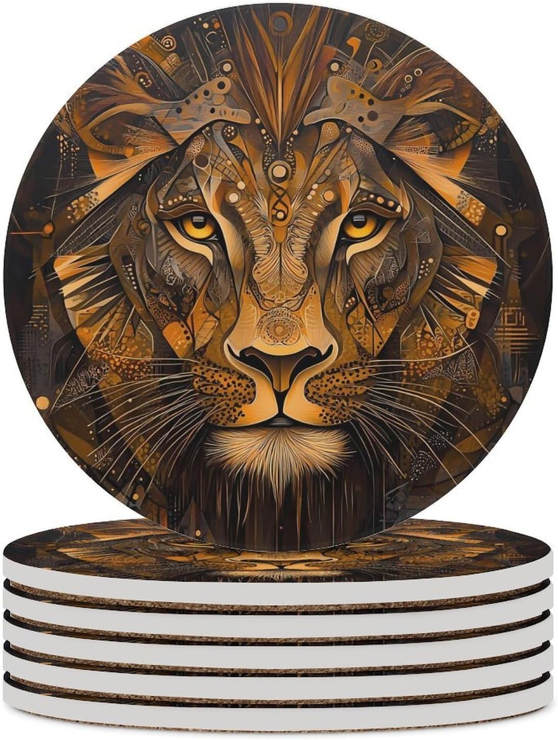 African Totem Lion Round Ceramic Coasters for Drinks Absorbent Cup Holder Tabletop Protector with Cork Base