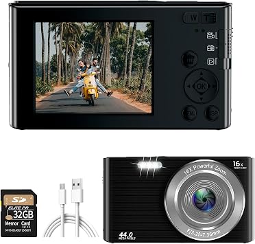 Digital Camera for Photography FHD 1080P 44MP Vlogging Camera for YouTube, Point and Shoot Cameras with 2.4 Inch Screen, 32GB Card Portable Small Camera for Teens Kids Seniors