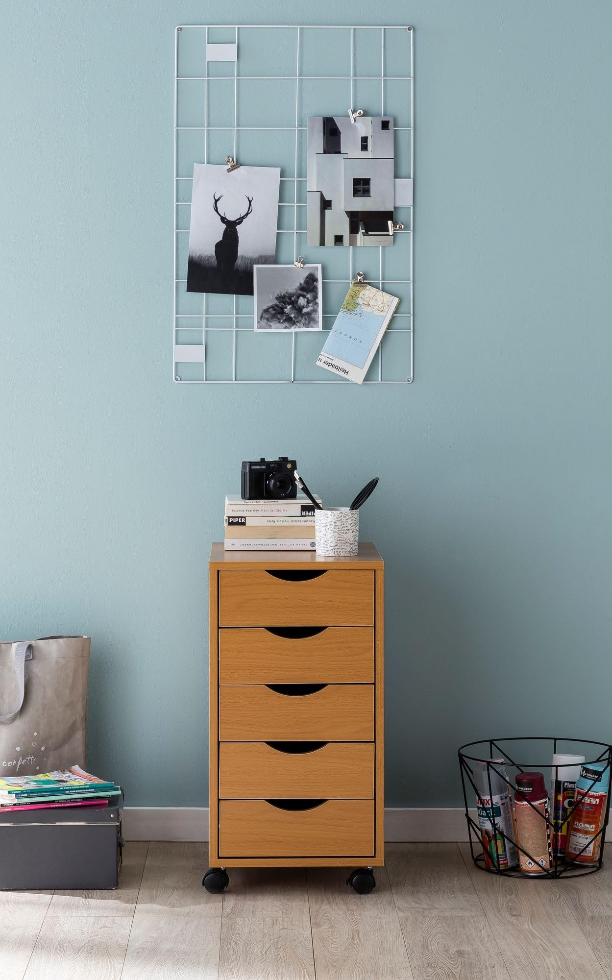 WOHNLING Caisson à roulettes 33x38x64 cm Hêtre MDF avec 5 Tiroirs