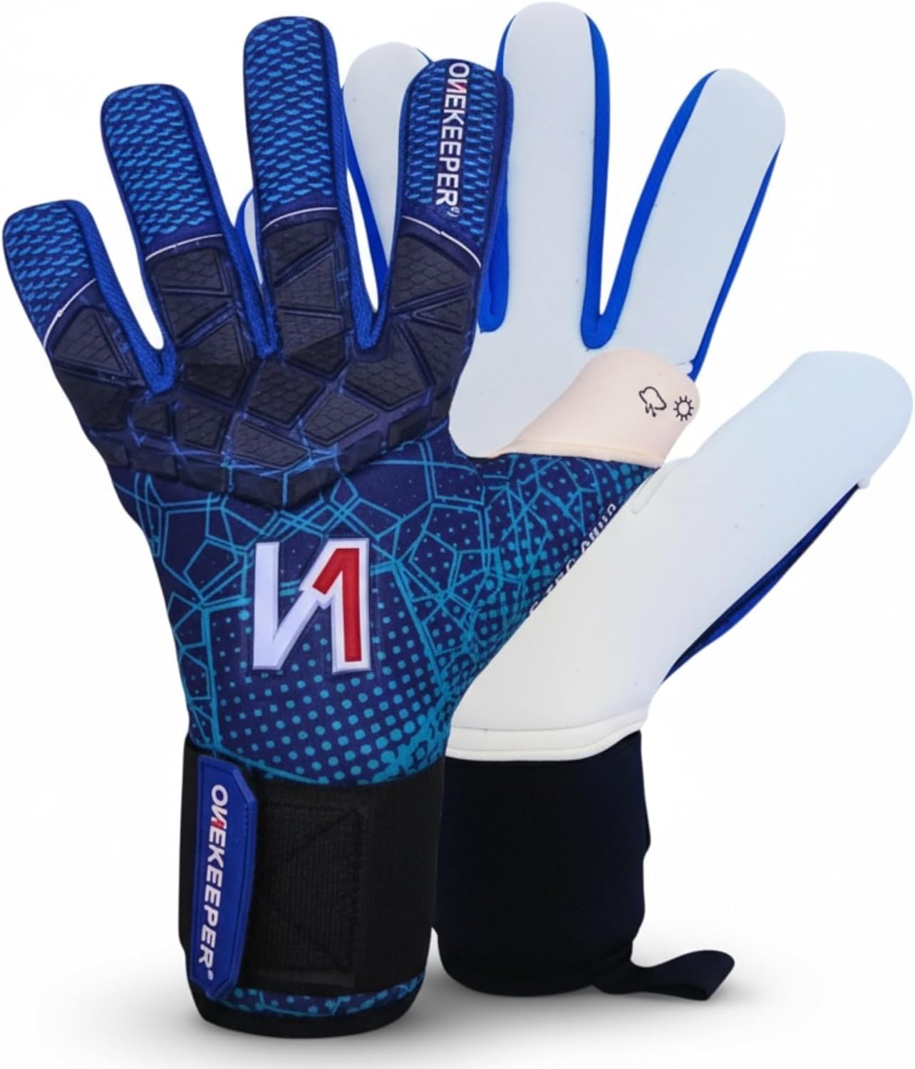 ONEKEEPER C-TEC Aqua – No Finger Spines – Cold and Wet Weather with Thin Neoprene Backhand – Pro Goalie Gloves, 3.5mm Aqua Latex, Negative Cut, Sizes 8-12