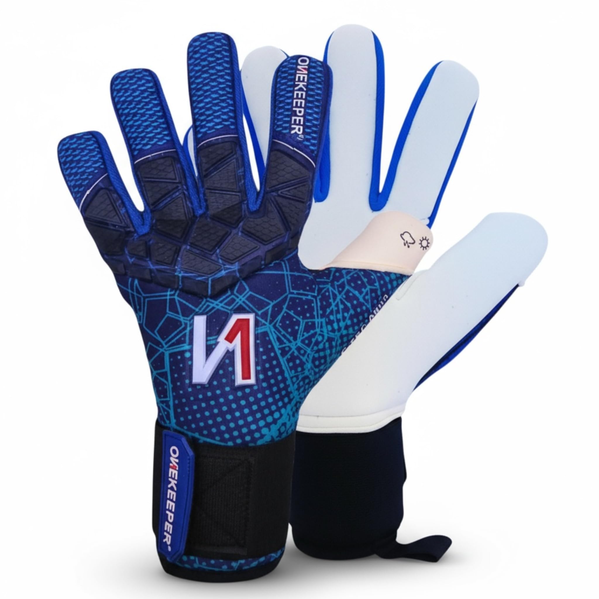 ONEKEEPER C-TEC Aqua – No Finger Spines – Cold and Wet Weather with Thin Neoprene Backhand – Pro Goalie Gloves, 3.5mm Aqua Latex, Negative Cut, Sizes