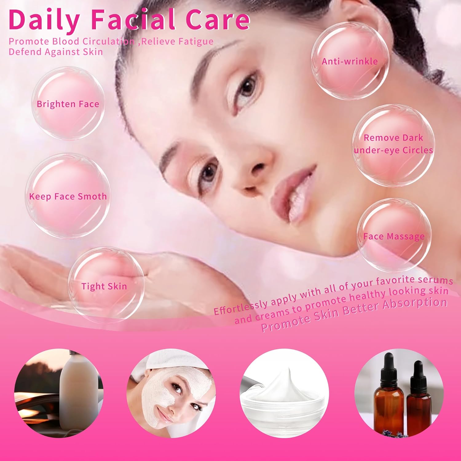 Mini Portable Handheld Facial Massager - Waterproof Rechargeable Personal Vibrating Powerful Skin Care Massage Tool for Relieve Facial Muscle Tension, Pain, Fatigue, Muscles Tighten - Rose