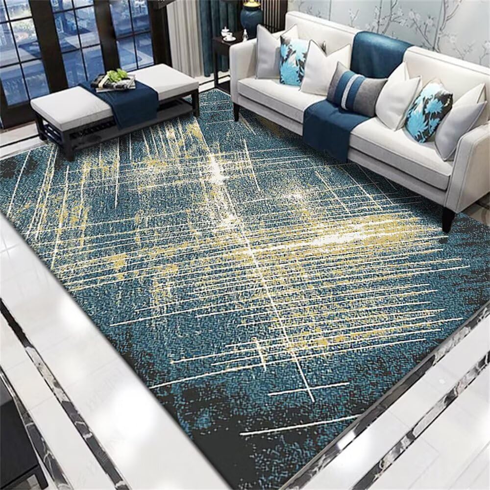 Grand tapis bleu lavable 200x300 pour salon et chambre ado