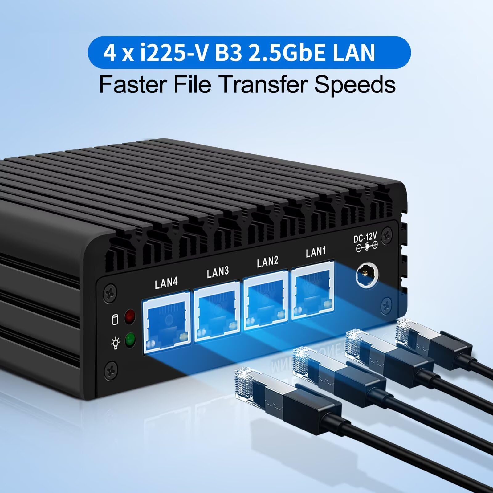 Micro Firewall Appliance, Fanless Mini PC J3710 4C/4T, 4x 2.5 GbE i225-V LAN,AES-NI,DDR3 8GB SSD 128GB Router Netzwerk Security USB3.0/HD/DP/Console RJ45 Port/Wi-Fi, Dual Display - 4