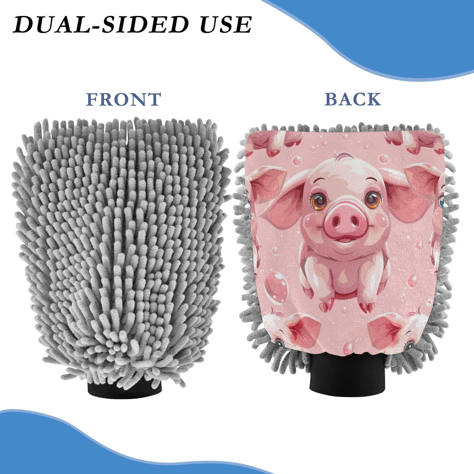 Kigai Cute Cartoon Pig Car Wash Mitt Microfiber, 2Pcs Scratch Free Lint-Free, Premium Chenille Microfiber Mitt Car Wash Brush-L