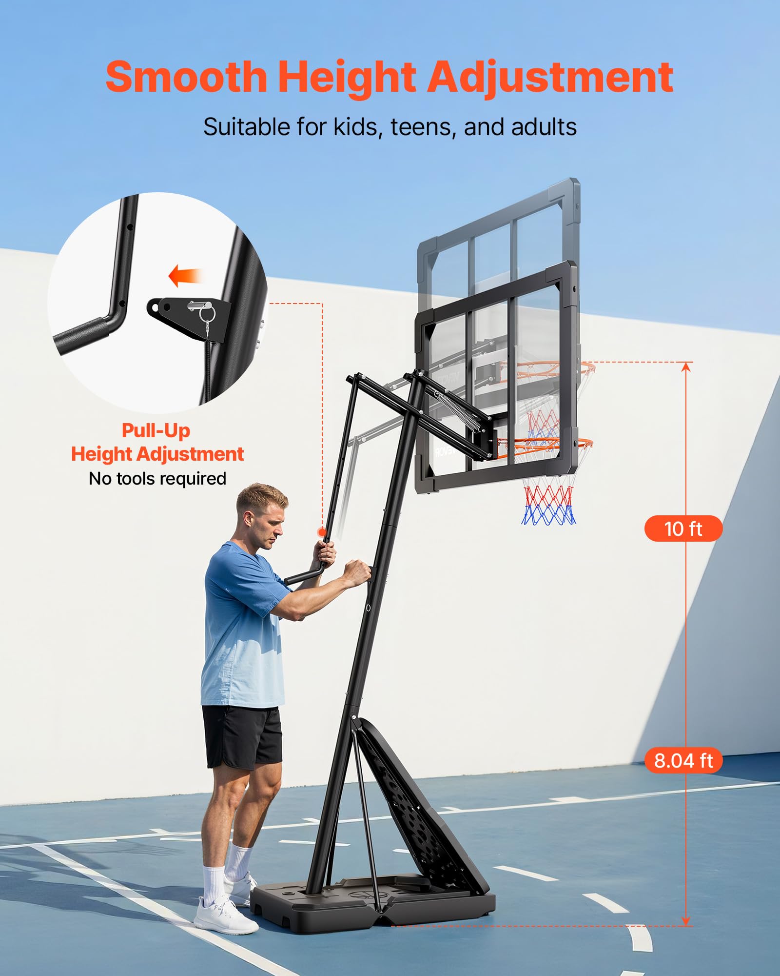 VEVOR Panier de Basket-Ball sur Pied Portable, But de Basketball Mobile, Système de Cerceau, Filet et Panneau en PC de 110 cm pour Basket, Hauteur Réglable 2,45-3,05 m, pour Extérieur Intérieur