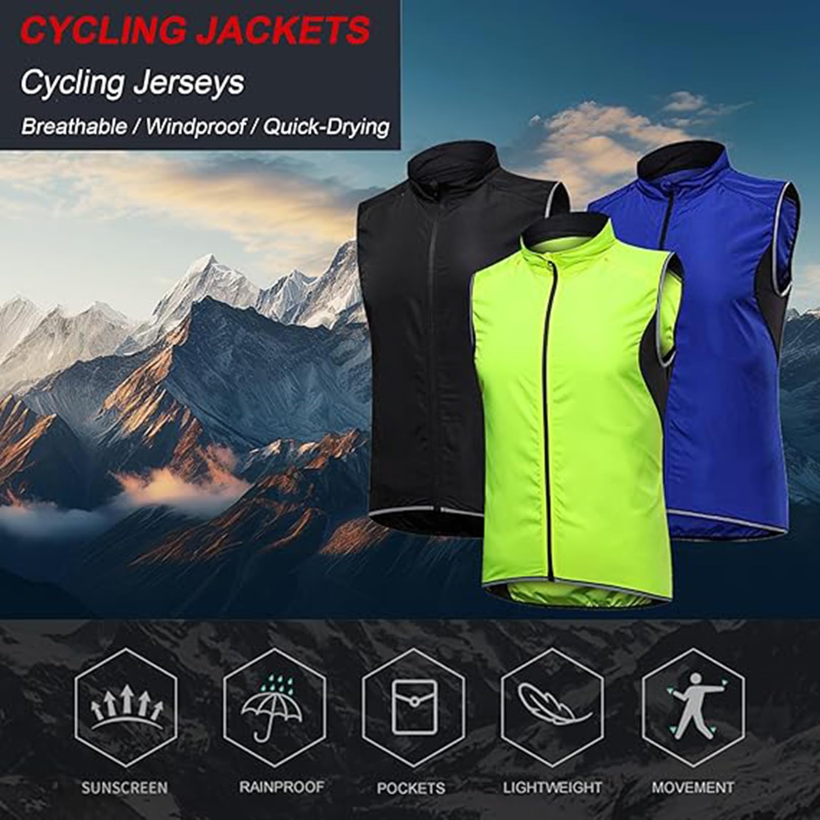 Gilet Ciclismo Sportivo Gilet Ciclismo Leggero e Traspirante Gilet da Ciclismo con Tasca Gilet Corsa Gilet Bici MTB Antivento Giacca Senza Maniche Estate,Black-5XL