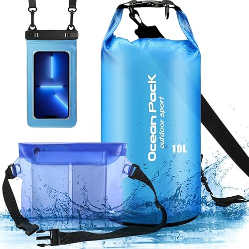 VZZNN Juego de 3 bolsas secas impermeables  Saco seco ligero de 10 litros con bolsa impermeable para la cintura y funda para teléfono, bolsa de