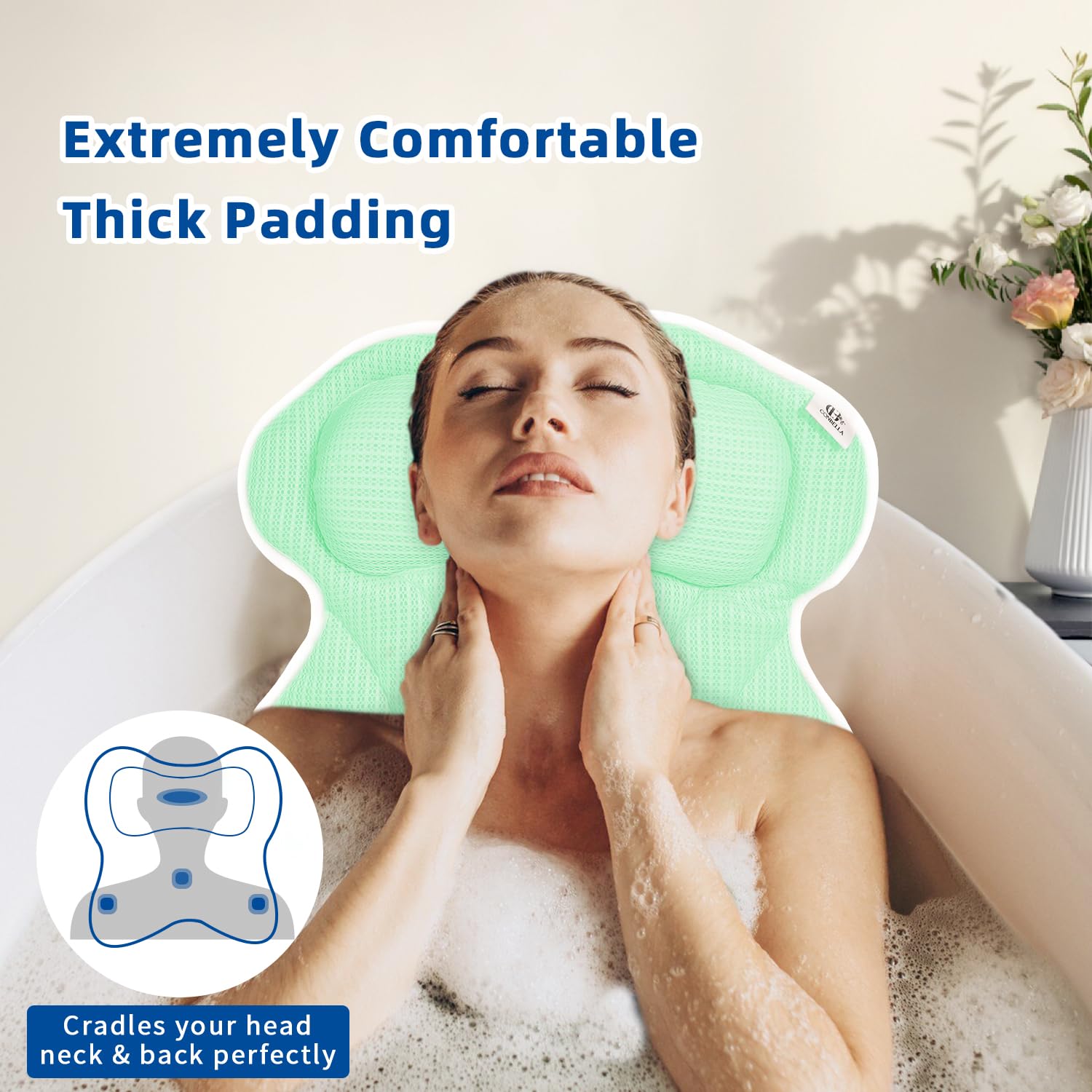 Bath Pillow, Bath Pillows for Tub Neck and Back Support, Bathtub Pillows for Head and Neck with 6 Strong Non-Slip Suction Cups, 4D Air Mesh, Bath Accessories Spa Gifts for Women(): Blue
