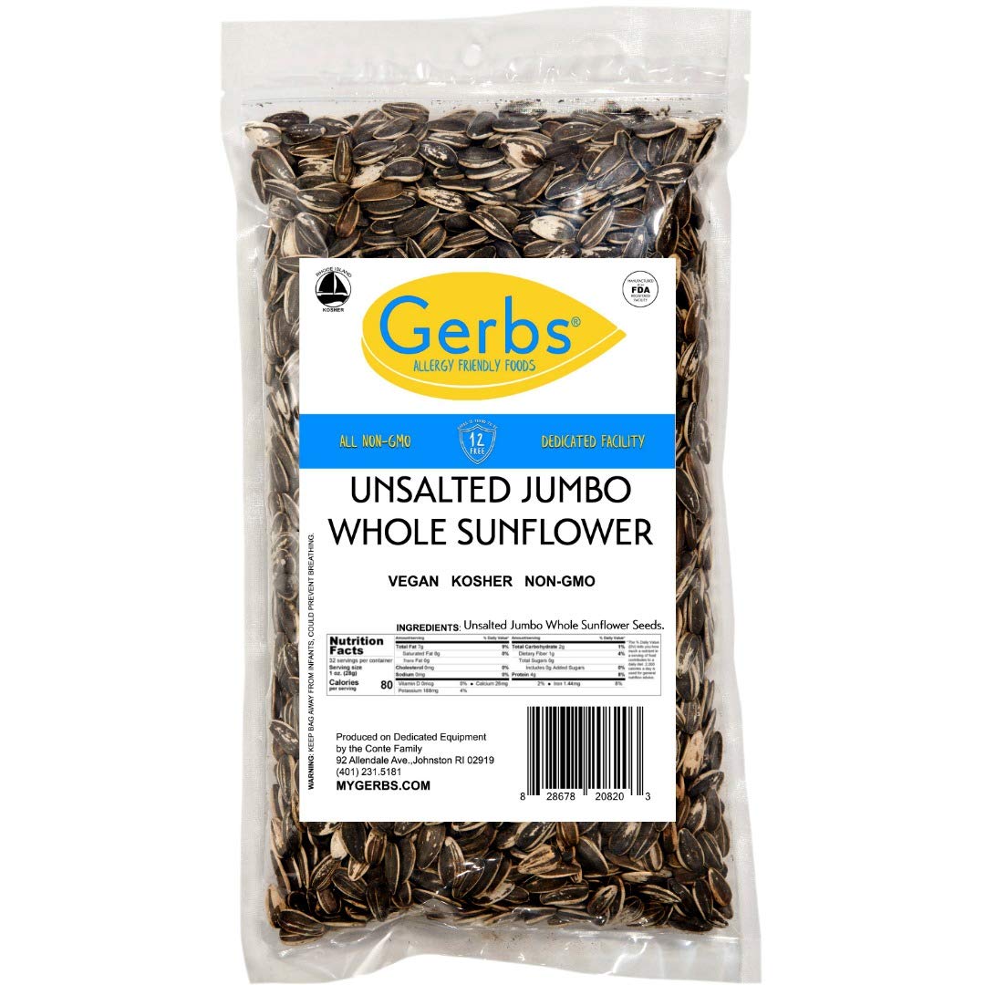Jumbo Unsalted Sunflower Seeds In Shell by Gerbs – 2 LBS - Top 14 Food Allergen Free & NON GMO - Premium Dry Roasted Whole Sunflower Seed