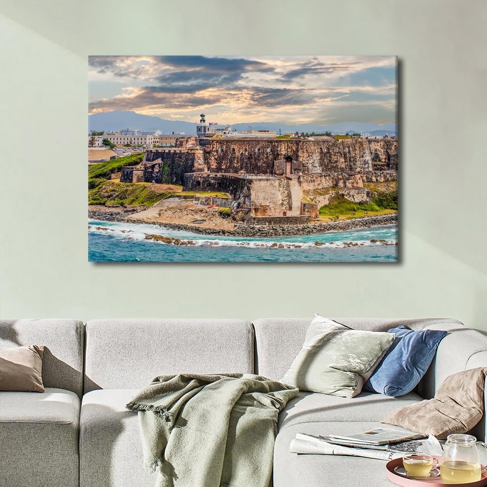Wall Art Puerto Rican Fort on Point of Coast Canvas Painting Wall Art Framed Art Wall Decor Canvas Art Prints Artwork for Home Walls Living Room Wall Decor Modern Home Decor Arts Crafts 36x24 in