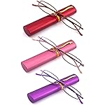 SOPHILY 3 Pack Slim Pocket Reading Glasses for Men Women Blue Light Blocking Compact Readers Spring Hinge Metal Frame, Red Pink Purple Eyeglasses with Portable Pen Clip Tube Case, 2.75