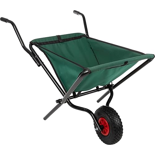 Folding Wheelbarrow - Collapsible Garden Cart with 80lb Capacity, Storage Pouches, and Padded Handles - Wheelbarrows for Lawn Care by Pure Garden (Green)