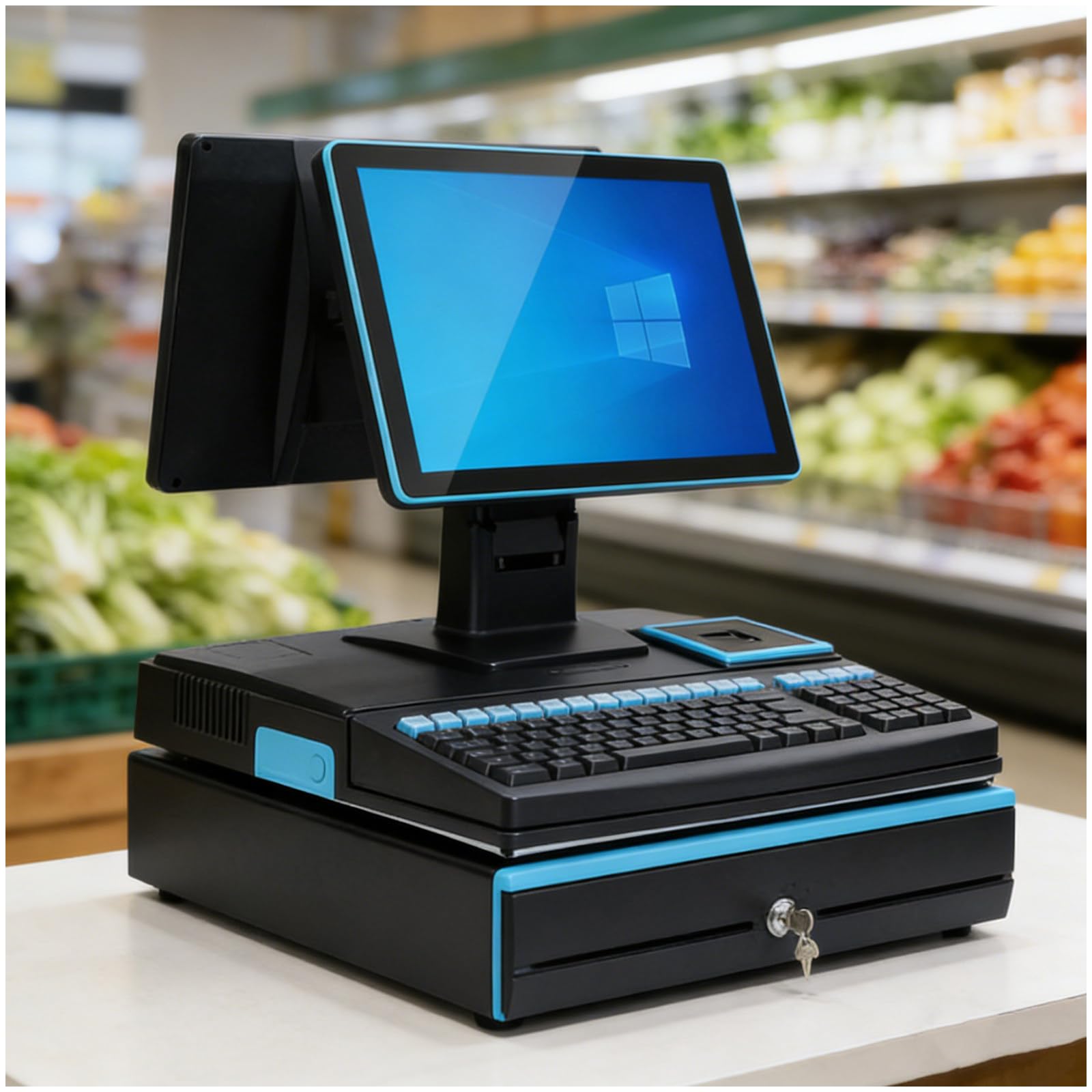 Caja Registradora Tpv de 15,6 Pulgadas para Pequeños Negocios, con Impresora de Recibos Integrada, Teclado, Cajón Portamonedas y Pantalla Táctil, Ideal para Supermercados Dual Screen Black