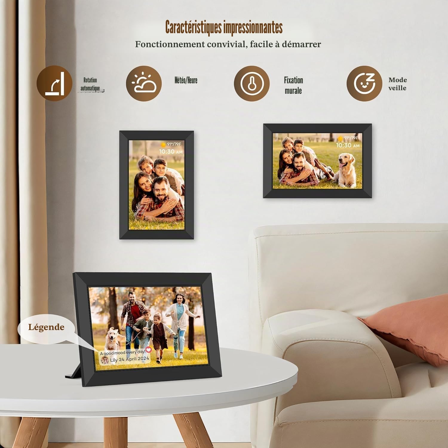 Frameo 10.1Pouces Cadre Photo Numérique WiFi, Mémoire Iinterne de 32 Go avec Écran Tactile HD 1280 * 800 IPS,Rotation Automatique,Configuration Facile et Partage de Photos ou de Vidéos Via Frameo