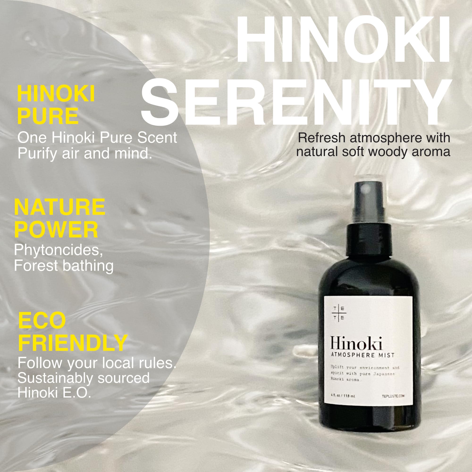 TE+TE Hinoki Atmosphere Mist 4 fl.oz with Japanese Hinoki Essential Oil | Refreshing Aroma | Elevate Your Space |