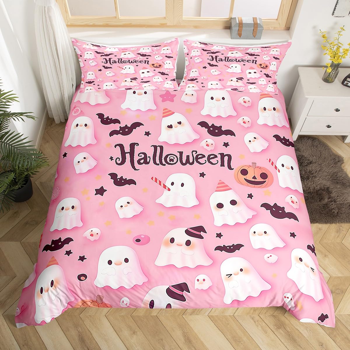 Pink Halloween King Bedding Set For Girls,Cute Cartoon Ghost Bats Kids Comforter Cover Kawaii Spooky Halloween Duvet Cover Pumpkin Candy Bed Set Little Girl Room Decor White