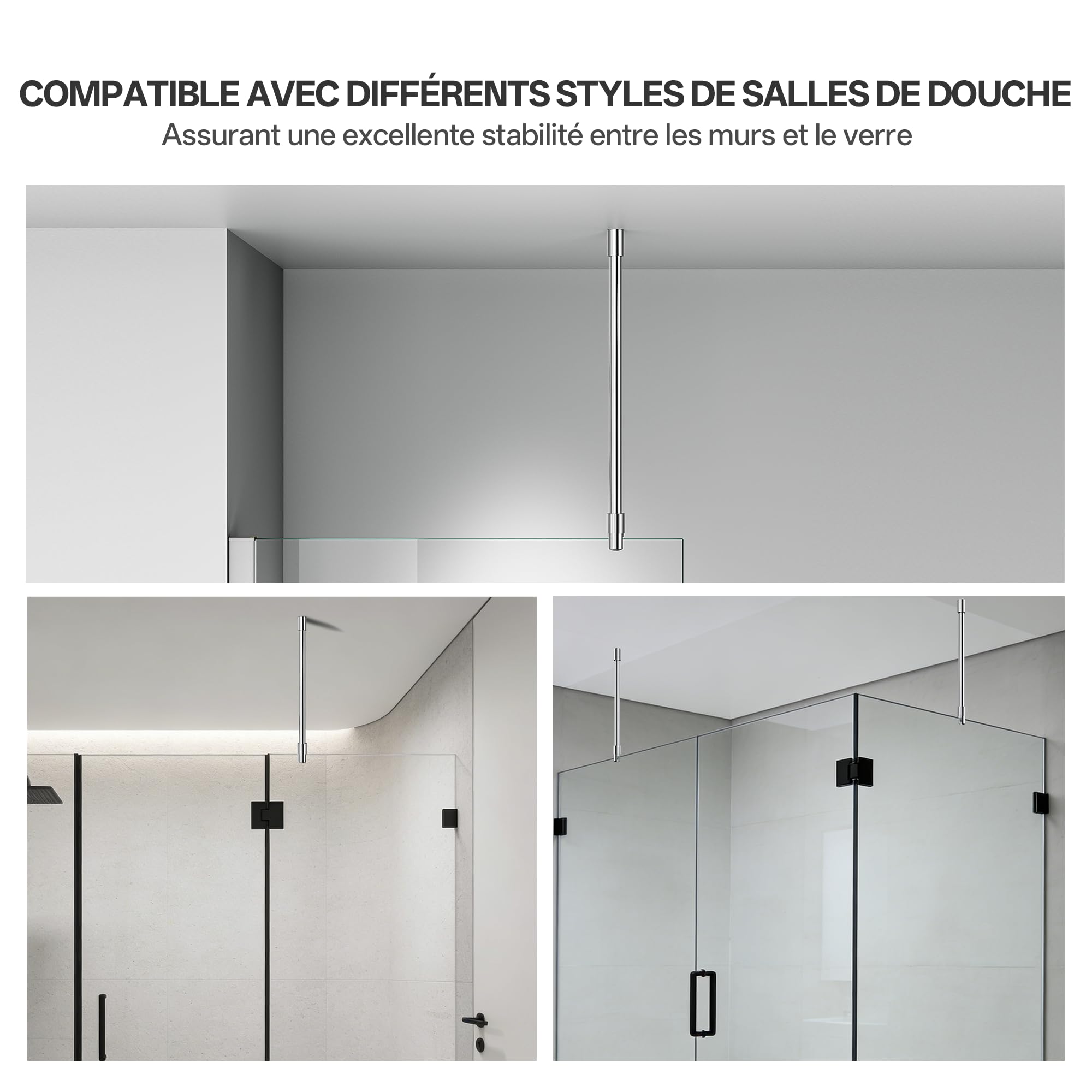 Barre de stabilisation paroi de douche, 564 mm,chromé | Fixation au plafond, Acier inoxydable 304, Pour verre de 6 à 10 mm