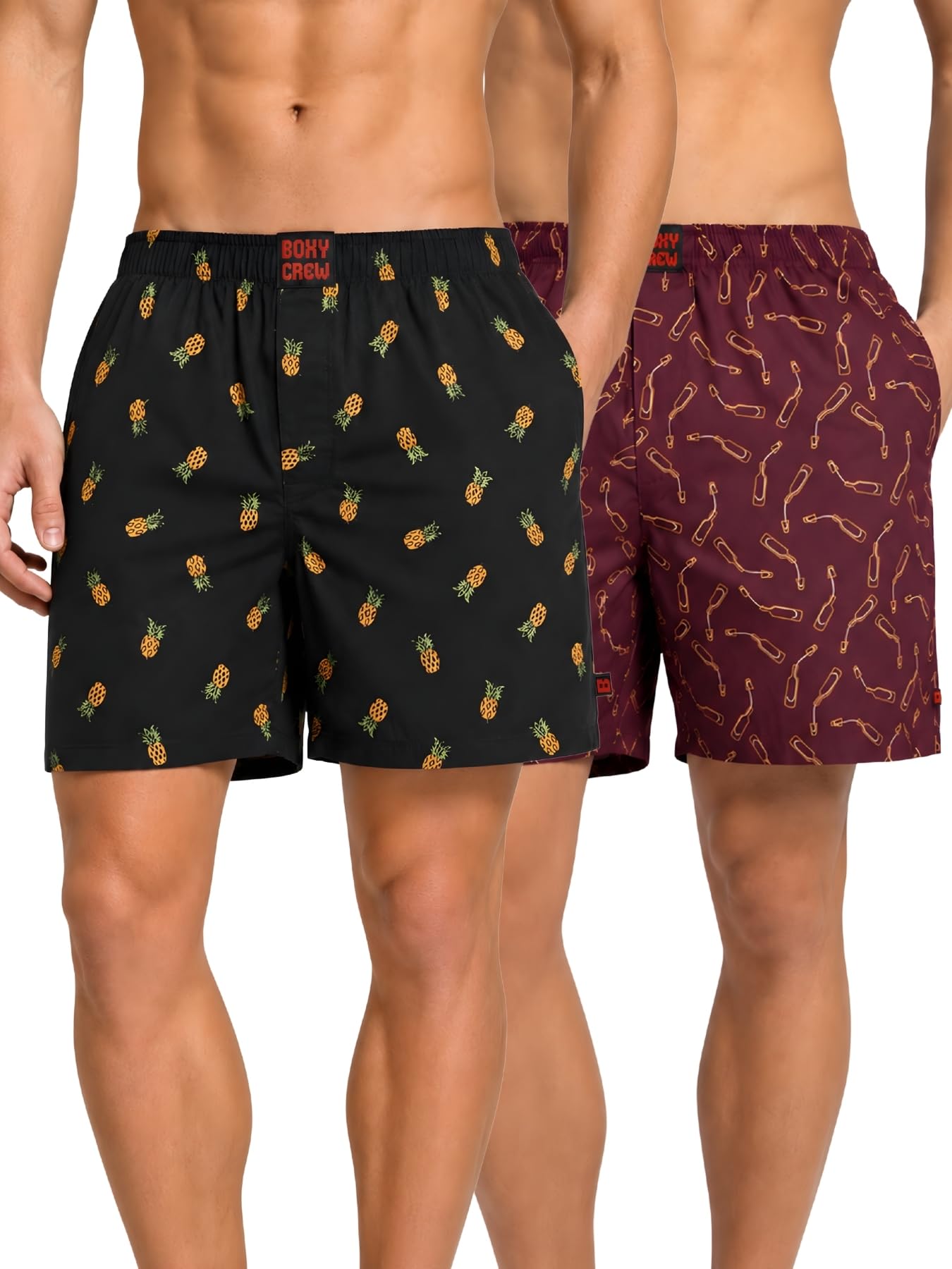boxy crew Men Boxer Shorts Pack of 2, 100% Cotton Woven Boxers, Charcoal Grey & Maroon, Printed Designs, Dual Side Pockets, No-Marks Inner Elastic Waistband, Relaxed Fit Lounge & Sleep Shorts-picture-42