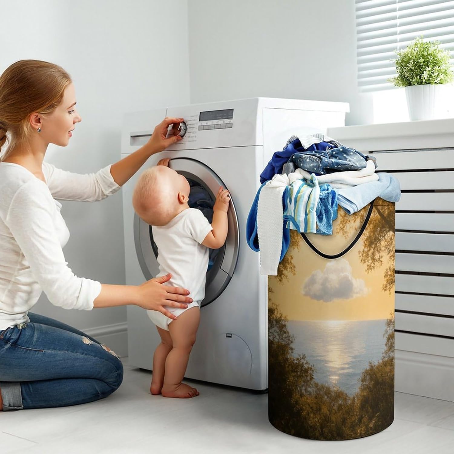 Serenity Laundry Hamper with Handles Waterproof Collapsible Laundry Basket Large Lightweight Round Dirty Clothes Hamper for Home Dorm Bathroom Decor