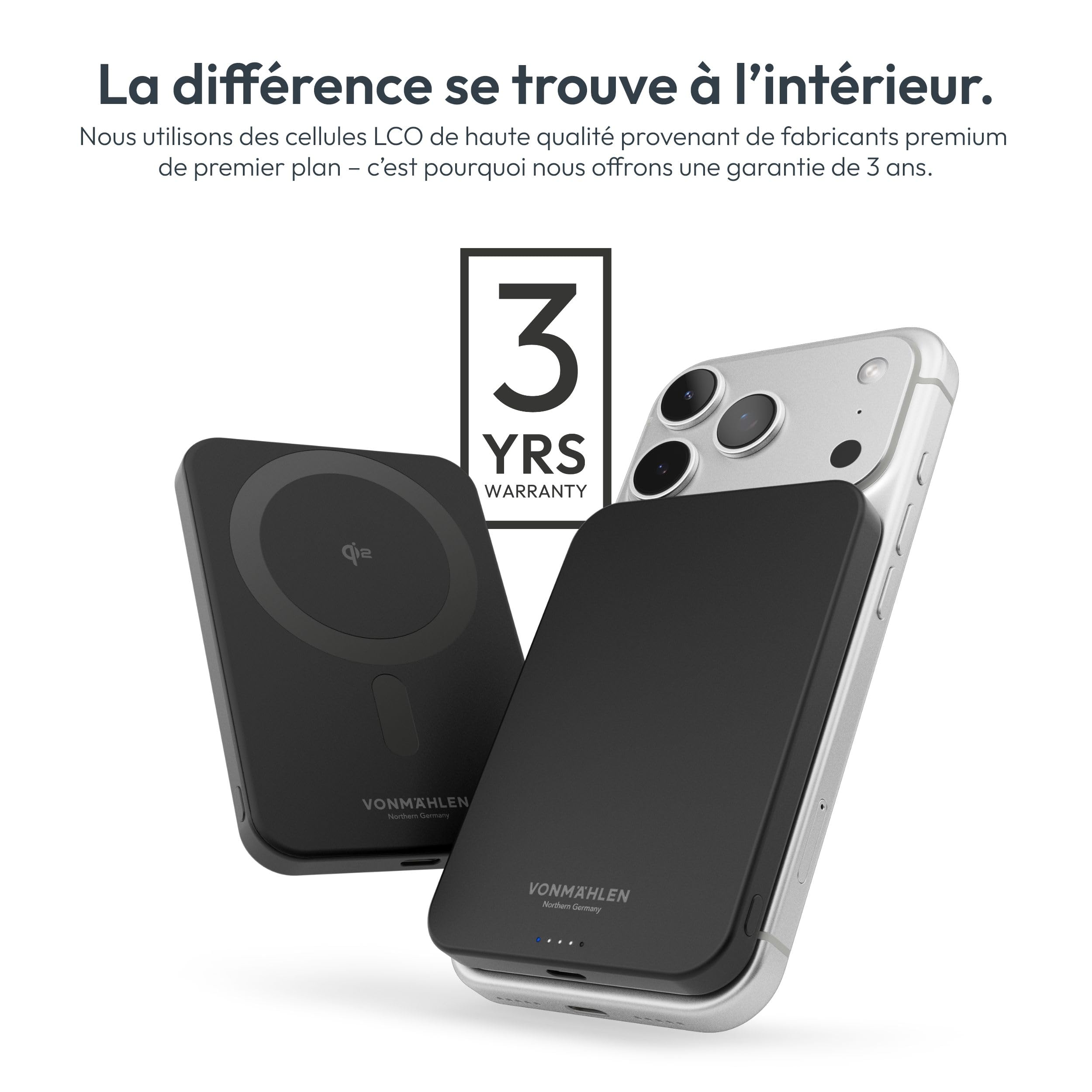 Vonmählen Evergreen Mag - Batterie Externe magnétique Ultra-Fine 5000 mAh, Charge Rapide sans Fil et USB‑C PD, certifiée Qi2 - Noir