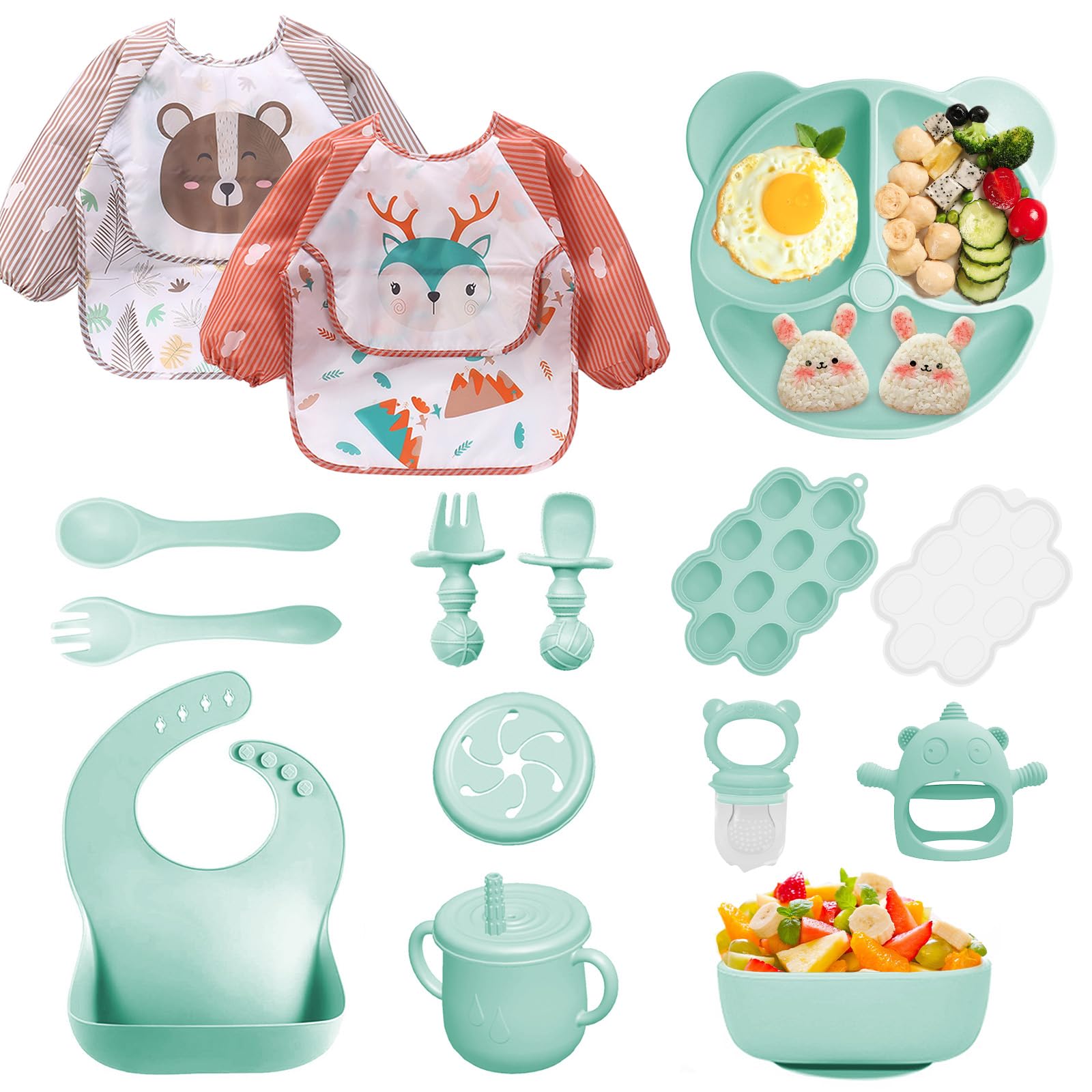 Bizcasa 14er Baby Geschirrset, Silikon Baby Weaning Besteck Set, Rutschfest, Teller, Schüssel, Lätzchen, Löffel, Gabel, Fruchtsauger, Babybrei Einfrieren Behälter, Beißring Baby, BPA Frei (Grün 2)