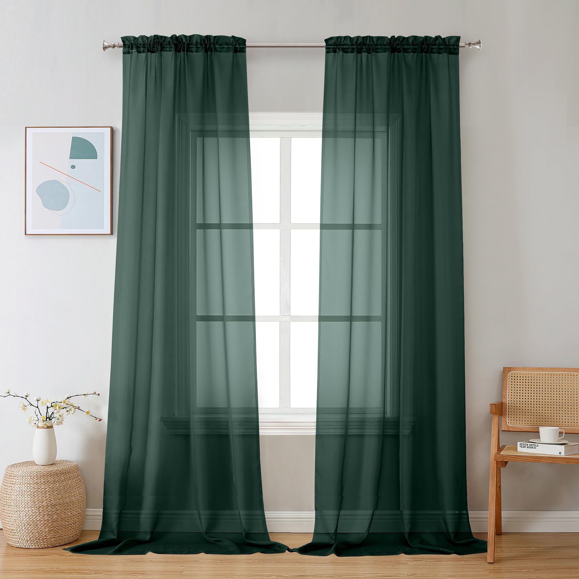Chyhomenyc Hunter Green Sheer Curtains 96 Inches Long 2 Panels Light Filtering Soft Airy Solid Elegant Voile Window Treatment Drapes For Bedroom Livi