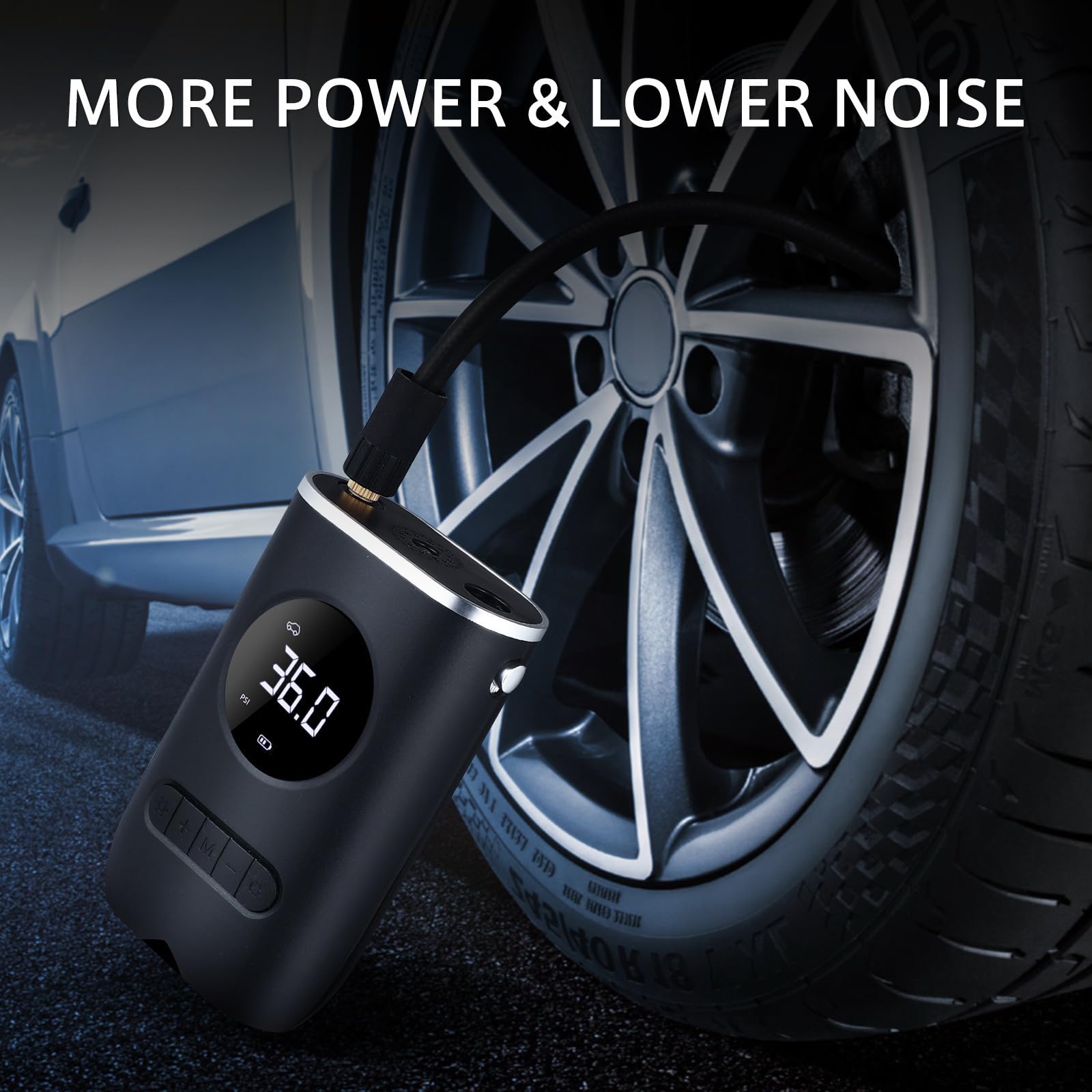 Inflador de Neumáticos Portátil Inalámbrico para Coche 70w 7, 4v | 4000mah, Pantalla Digital LED y Cuatro Modos de Inflado, Abs Negro Boquillas y Cable de Alimentación