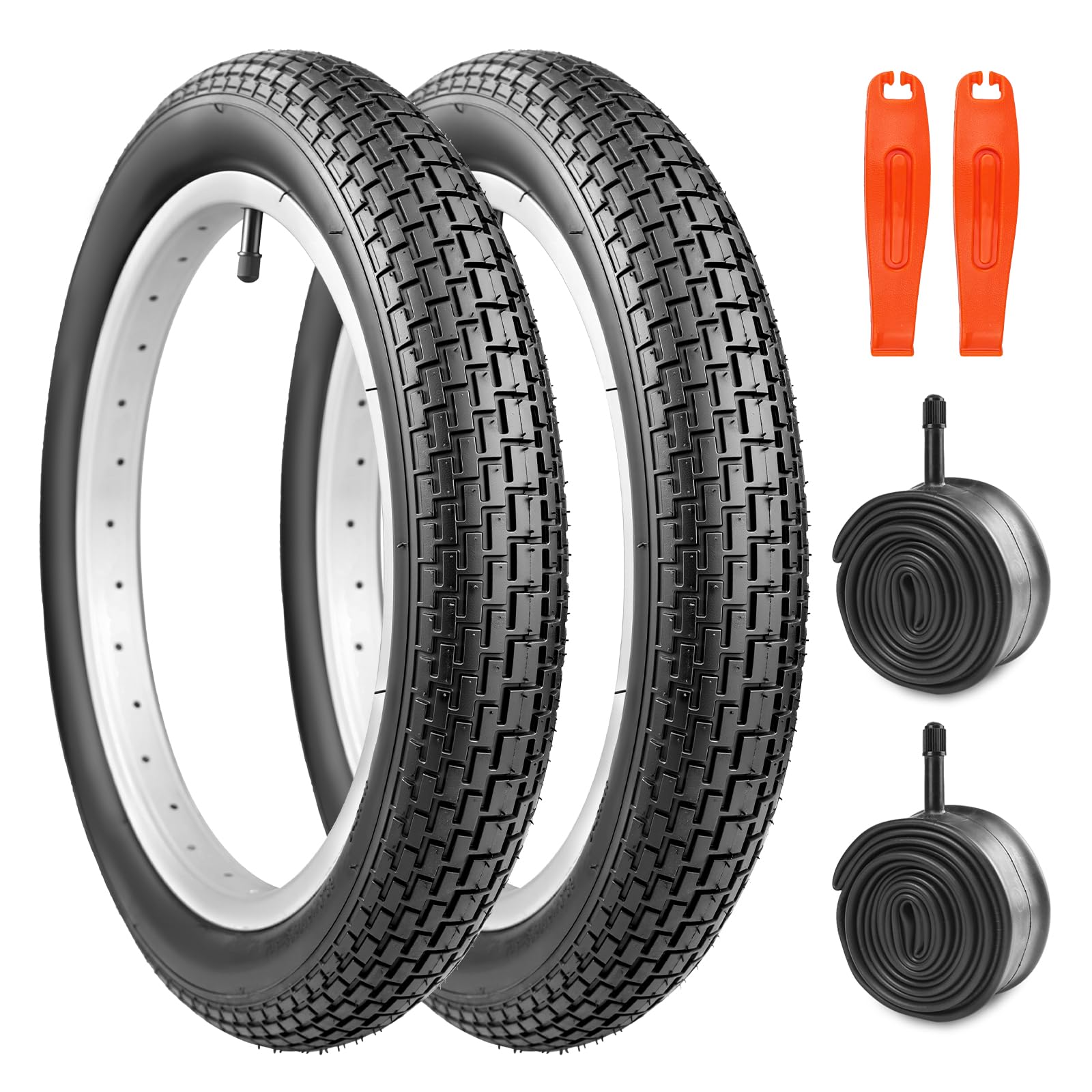 MEGHNA Lot de 2 pneus de vélo de 12/14/16/18/20/24/26 x 2,35 pouces avec chambre à air et démonte-pneu Premium pour vélo d'équilibre pour enfants, BMX, VTT, cruiser