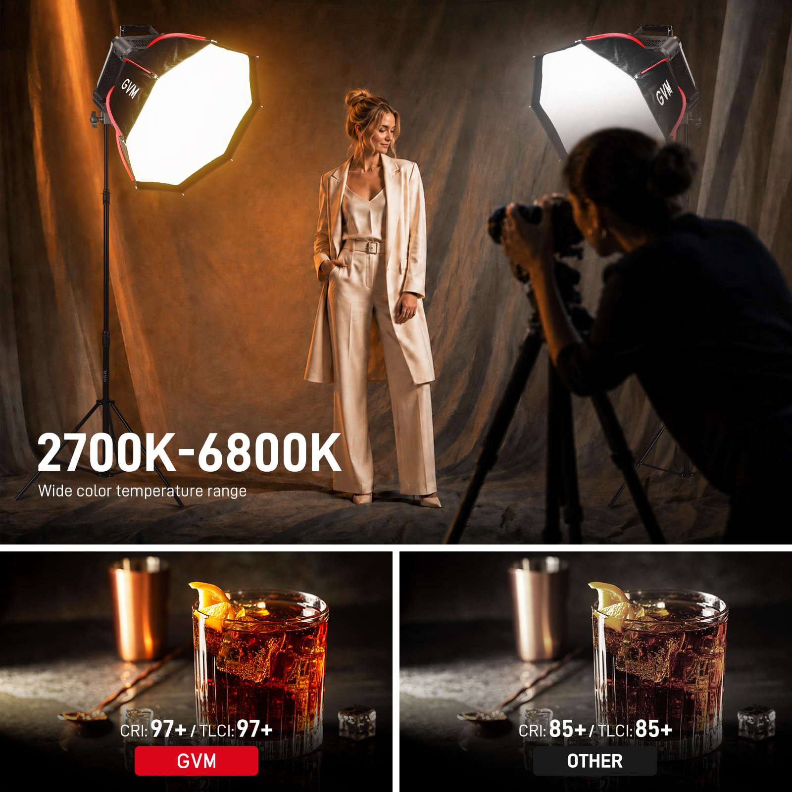 GVM F500B AIO - Luz de video LED bicolor de 500 W, luz de estudio COB con control APP/DMX, montaje Bowens, 2700K-6800K 26000lux/1m CRI97+, iluminación de salida continua para fotografía y producción