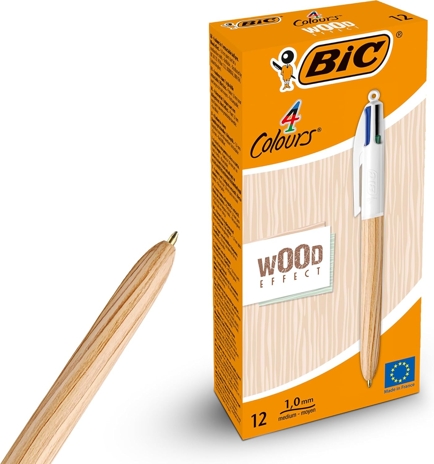 BIC 4-Colour Wood Effect Pens Multi Pen Retractable Design Multicolour Pen With Four Assorted Vibrant Inks Multi Coloured Pens All in One for School Office and Colour Coding (Pack of 12)