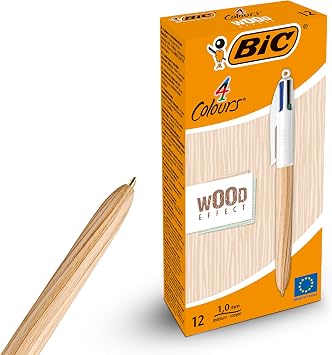 BIC 4-Colour Wood Effect Pens Multi Pen Retractable Design Multicolour Pen With Four Assorted Vibrant Inks Multi Coloured Pens All in One for School Office and Colour Coding Pack of 12
