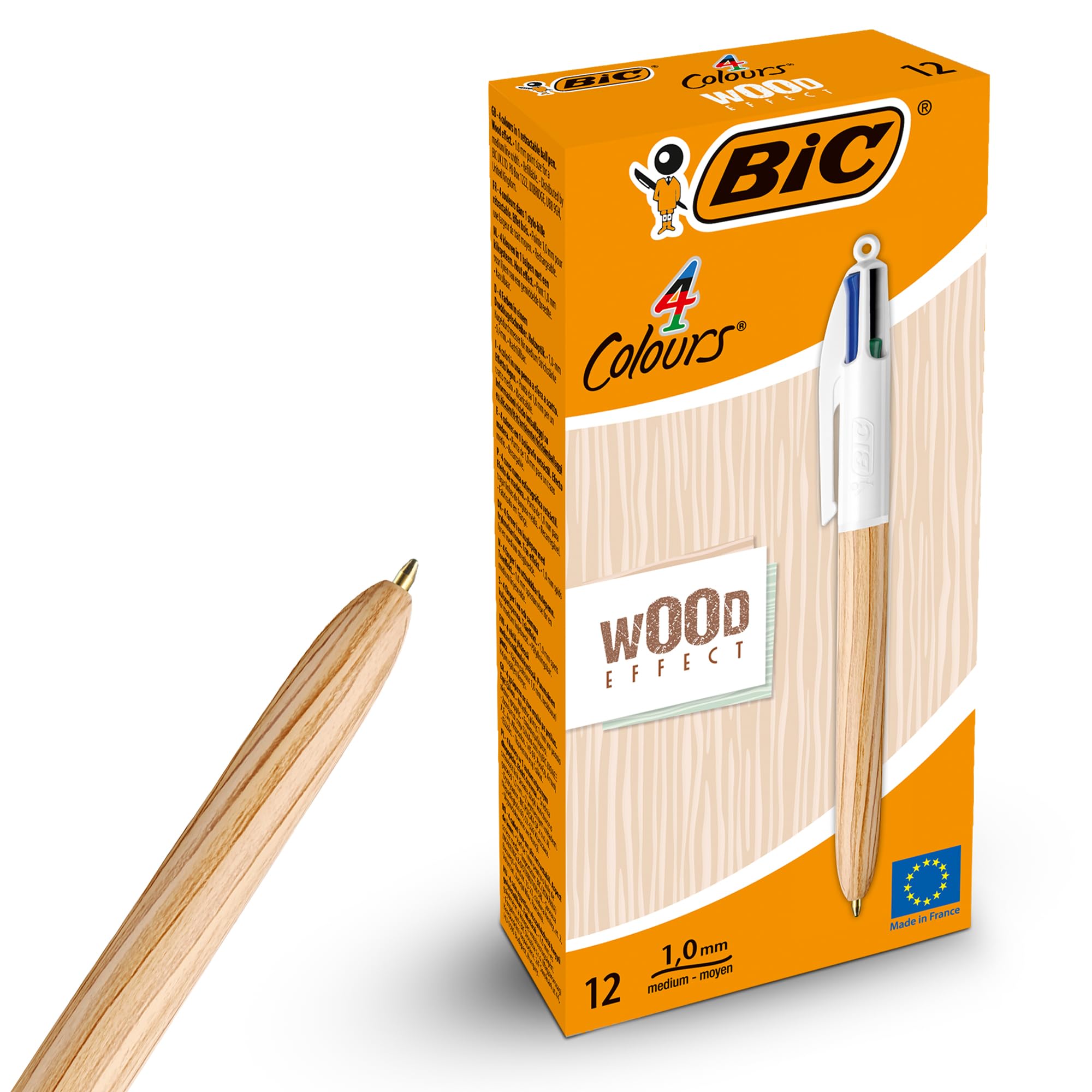 BIC - Bolígrafos de 4 colores con efecto de madera, diseño retráctil, bolígrafo multicolor con cuatro tintas vibrantes surtidas, bolígrafos multicolor todo en uno para la escuela, la oficina y