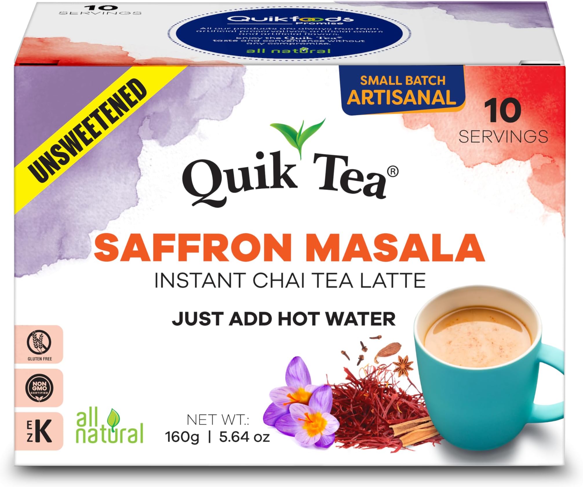 QuikTea Saffron Masala Unsweetened Chai Tea Latte – 10 Count, Bold Saffron Masala Flavor, no preservatives, No Sugar Added – Just Add Hot Water