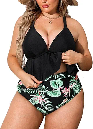 CUPSHE Women Swimsuit Plus Size Bikini Set Two Piece Bathing Suit V Neck High Waisted Flowy Ruffle Hem Floral
