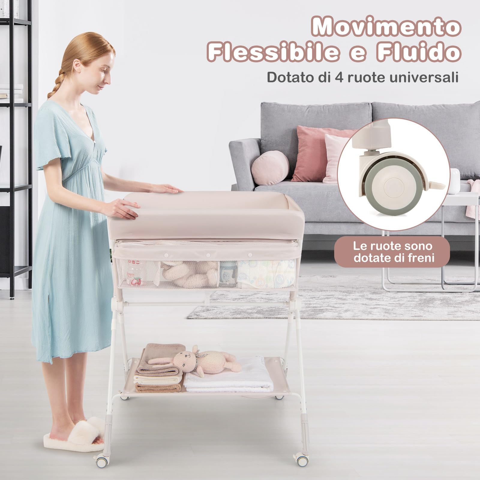 COSTWAY Fasciatoio Pieghevole per Bambini, Altezza Regolabile 3 Livelli, Ruote Bloccabili, Beige