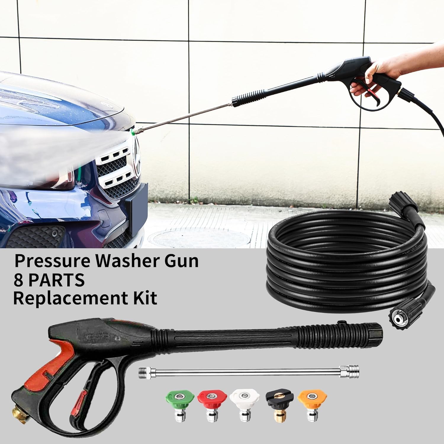 Pressure Washer Gun and Hose Kit with Extension Wand, 4000 PSI Pressure Washer Hose and Wand, 30 Ft (9M) Hose, 5pcs Quick Connect Nozzle Tips, M22-14mm Connector