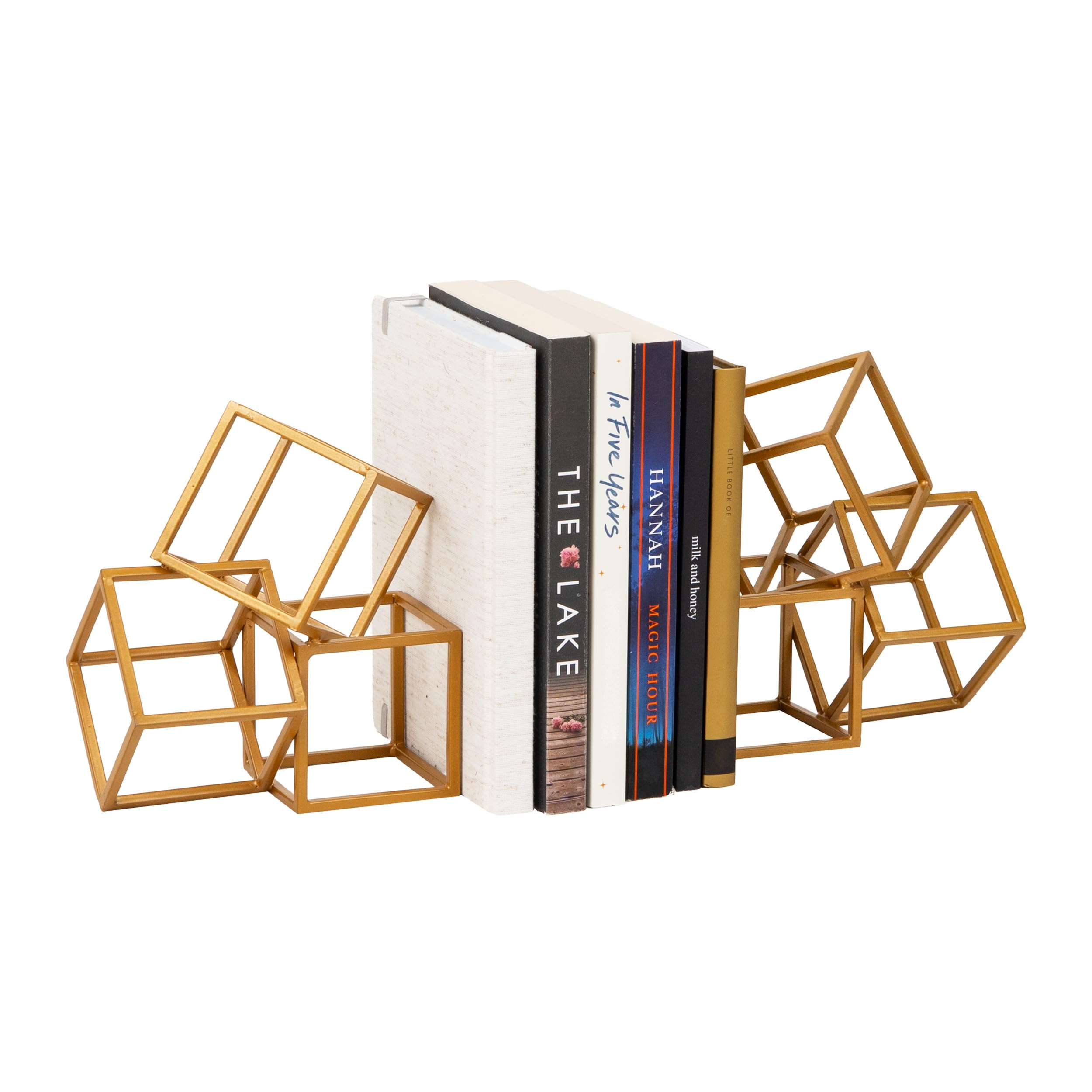 Mind Reader Dekoracyjne geometryczne podpórki do książek, nowoczesne uchwyty na książki, dekoracja biurowa, metal, zestaw 2 szt., złote