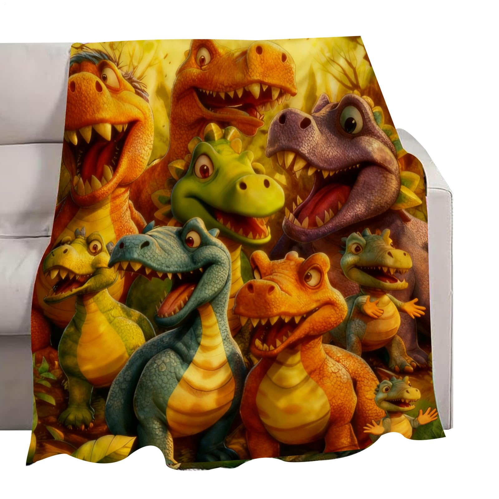 Kocyk flanelowy Uśmiechający się dinozaur HD, druk cyfrowy HD, 150 x 130 cm miękki koc flanelowy z nadrukiem zwierzęcym | na sofę, kącik do czytania, sypialni, biura, domu, podróży