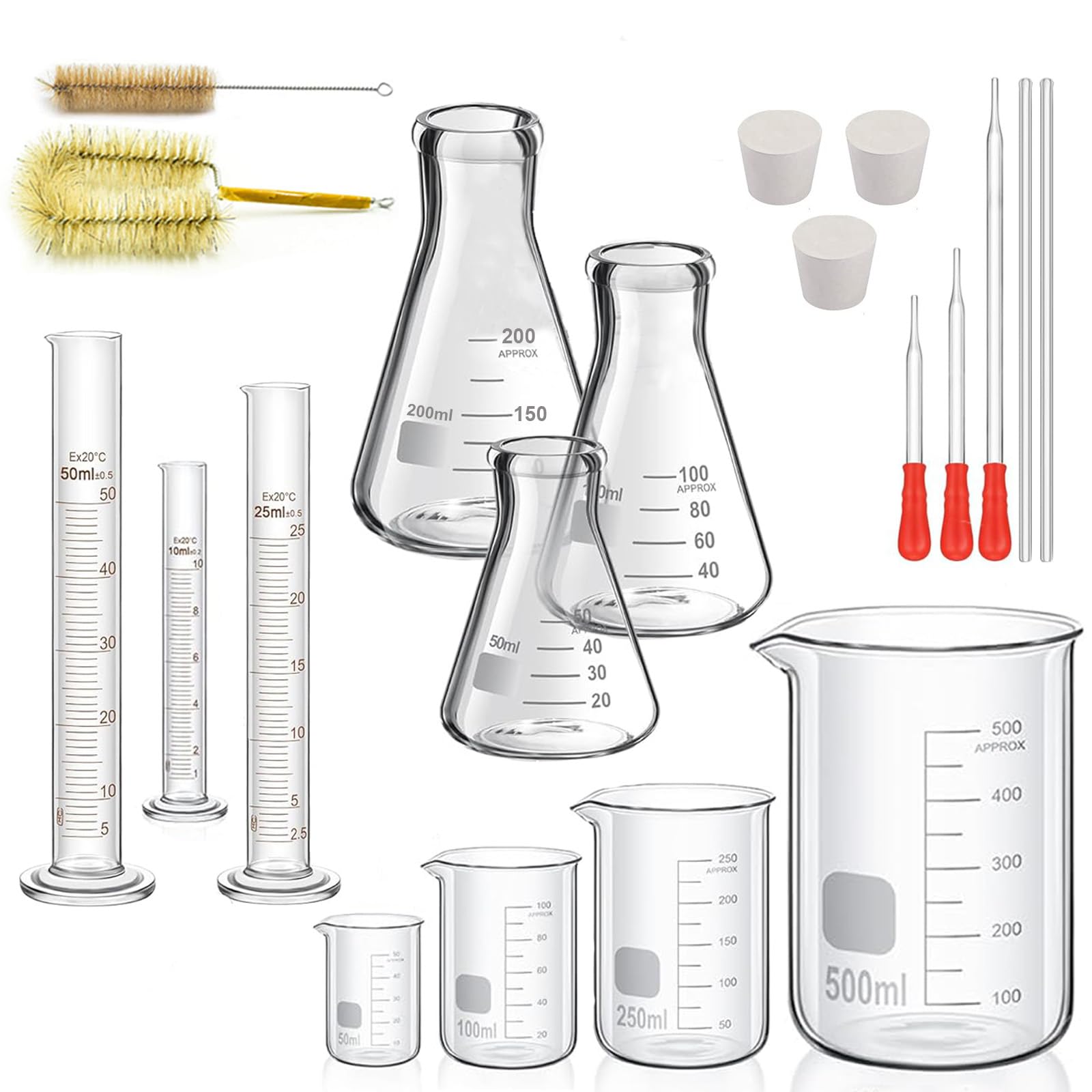 ZEEROQOLAB Zestaw Szkła Laboratoryjnego: 4 Zlewki, 3 Cylindry Miarowe, 3 Kolby Erlenmeyera z Pipetami i Mieszadłami
