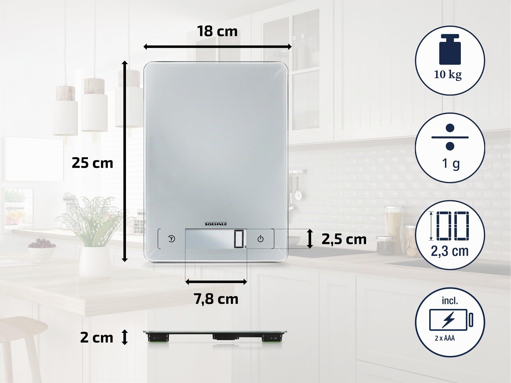 Soehnle Báscula de cocina Page Aqua Proof, báscula digital que pesa entre 1 g y 10 kg, peso de cocina apta para lavavajillas y con pantalla LCD XXL con dígitos de 23 mm de altura, gris | Microfibra micro duo para suciedad incrustada, giro 360°, apta para