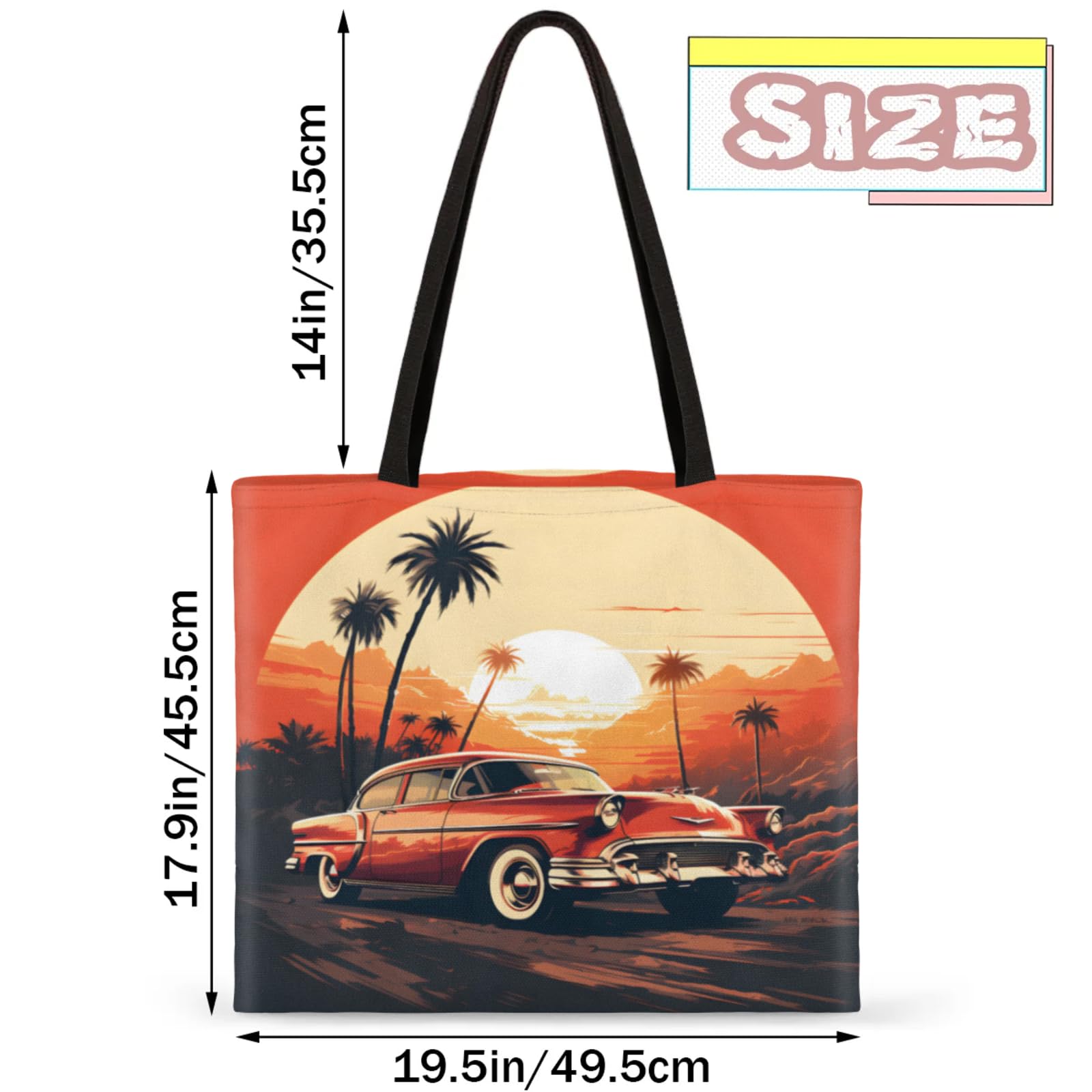 Mularoka Sunset Car Coconut Tree Square Canvas Tote Bag Top Handle Purses Stylish Women Canvas Shoulder Tote Bags Reusable Handbags for Work Travel Picnic Beach Shopping Gym Hiking