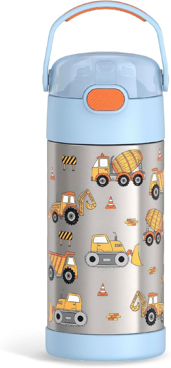 THERMOS FUNTAINER Botella de agua con pajita, 12 oz, Construcción | Botella de agua aislada de acero inoxidable para niños, mantiene las bebidas frías por más tiempo para la escuela y el juego, sin BPA