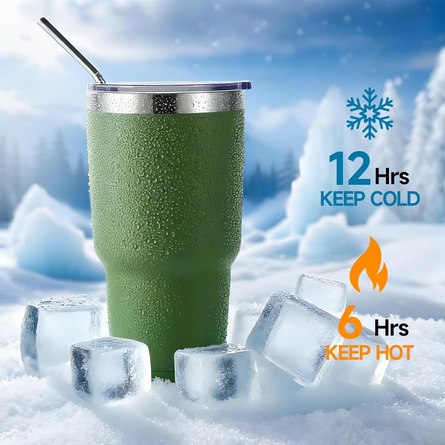 Volhoply 30oz Insulated Tumbler with Lid and Straw, Double Wall Inner & Outer 304 Stainless Steel Coffee Cup, Travel Mug Reusable Thermal Cup for Cold & Hot Drinks (Army Green,1 Pack) - Image 4