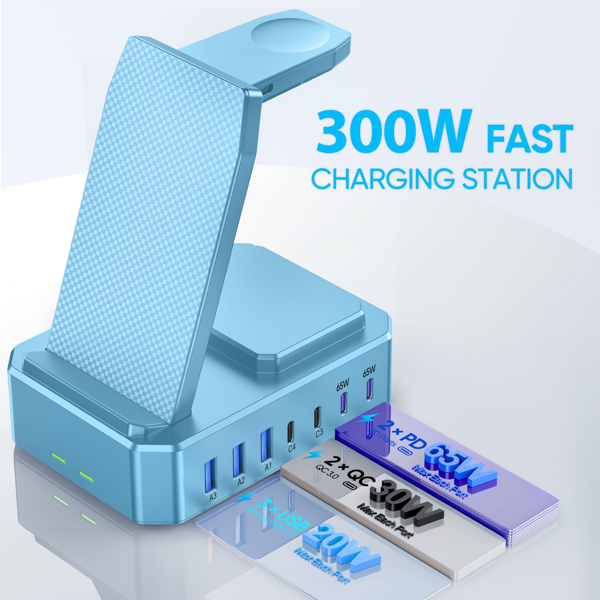 Estación de carga de 300 W para múltiples dispositivos Apple, zutspzss Cargador inalámbrico 10 en 1 para iPhone 16, GaN III USB C 65W PD Base de carga rápida para Apple Watch y Airpods, azul