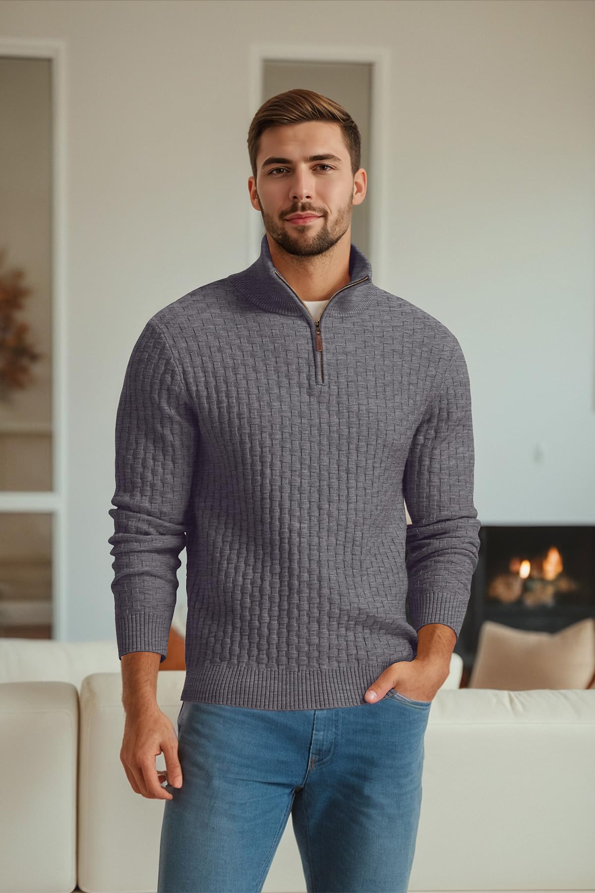 QIXING Herren Viertelzip Waffelstrick Strickpullover Halbhoher Kragen Dicker Winterpulli Casual mit 1/4-Reißverschluss