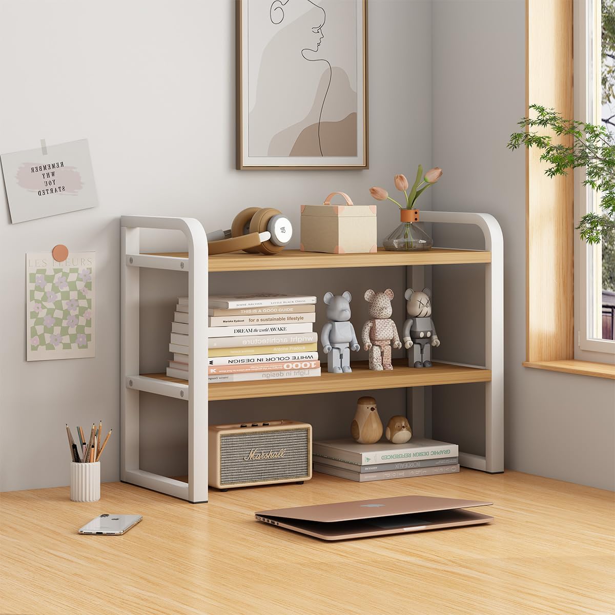 Office Desk Shelf Organizer, Wood Desktop Bookshelf Supplies Storage Rack, Shelf for Top of Desk and Dresser and Cubicle Decor Aesthetic Bookshelf (White White, Two Tier 19.69 Lx7.87 Wx15.16 H)