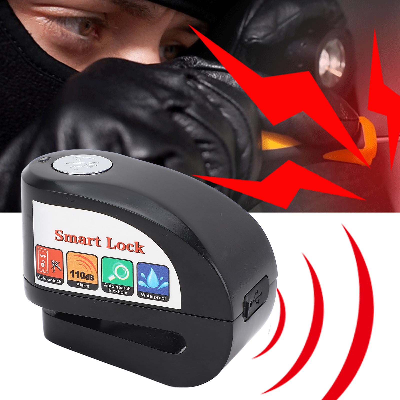 Fockety Bloque-Disque D'alarme, Contrôle par Application BT, Antivol Intelligent pour Frein de Moto avec Câble de Rappel, Goupille de Verrouillage de 0,22 Pouces, Sac de Transport,