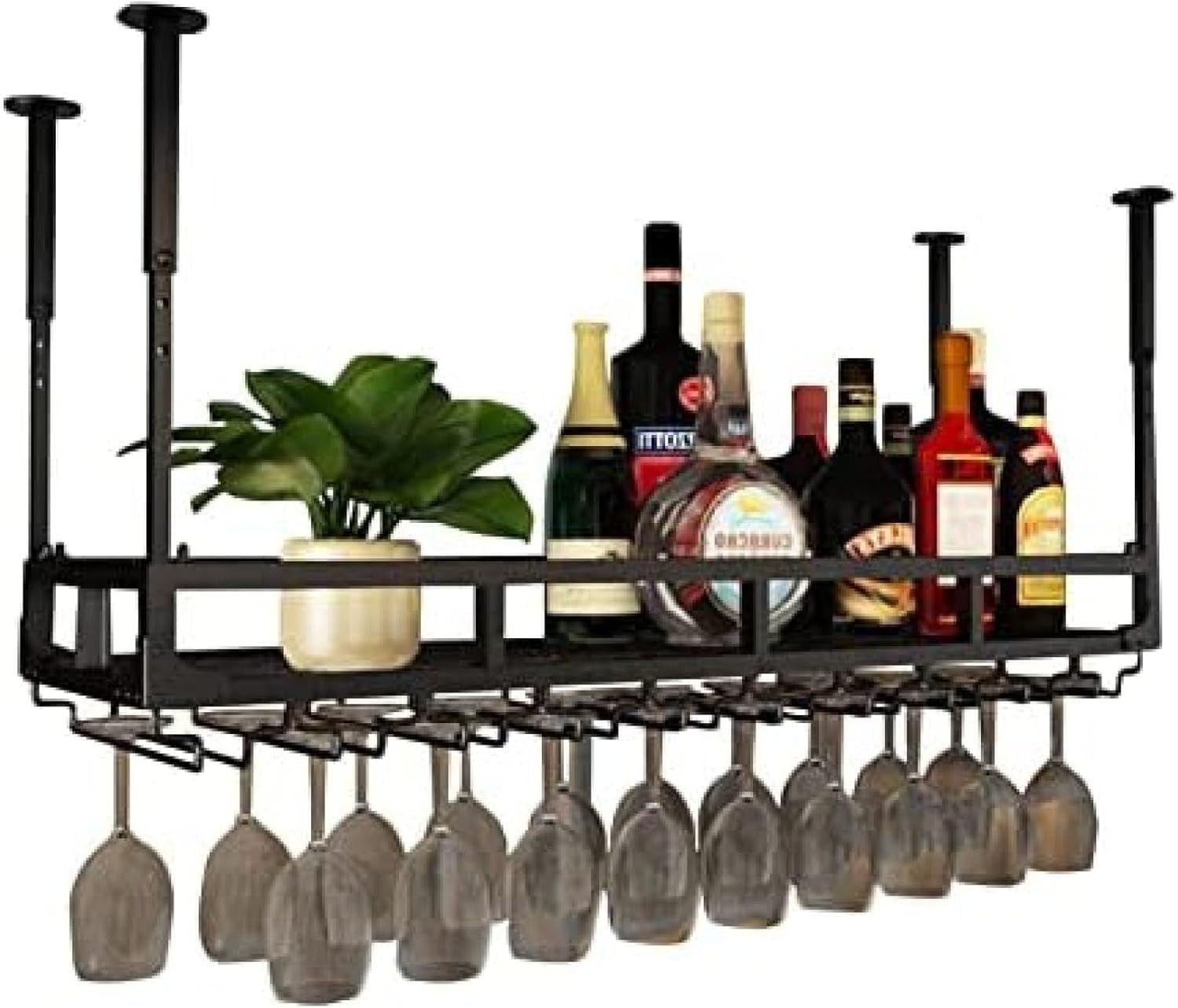 Metal Wine Glass Rack 60x35x16cm - Hanging Ceiling Wine Holder Black Storage Shelf for Kitchen & Restaurant Space-Saving Display for Wine Glasses & Bottles