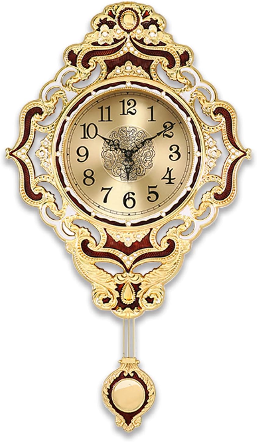Aero SnailRetro Wall Clock with Pendulum, European Victoria Mid Century Style, Battery Operated Large Metal Silent Clock for Living Bedroom Wall Vintage Decor - Gold